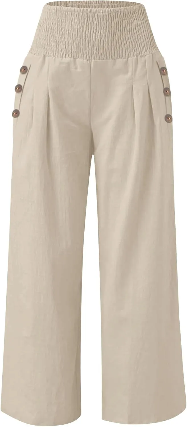 Women's Linen Fall Pants Elastic High Waist Wide Leg Fashion Loose Pleated Casual Long Pants with Pockets