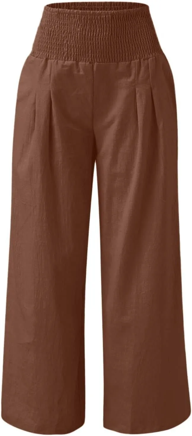 Women's Linen Fall Pants Elastic High Waist Wide Leg Fashion Loose Pleated Casual Long Pants with Pockets
