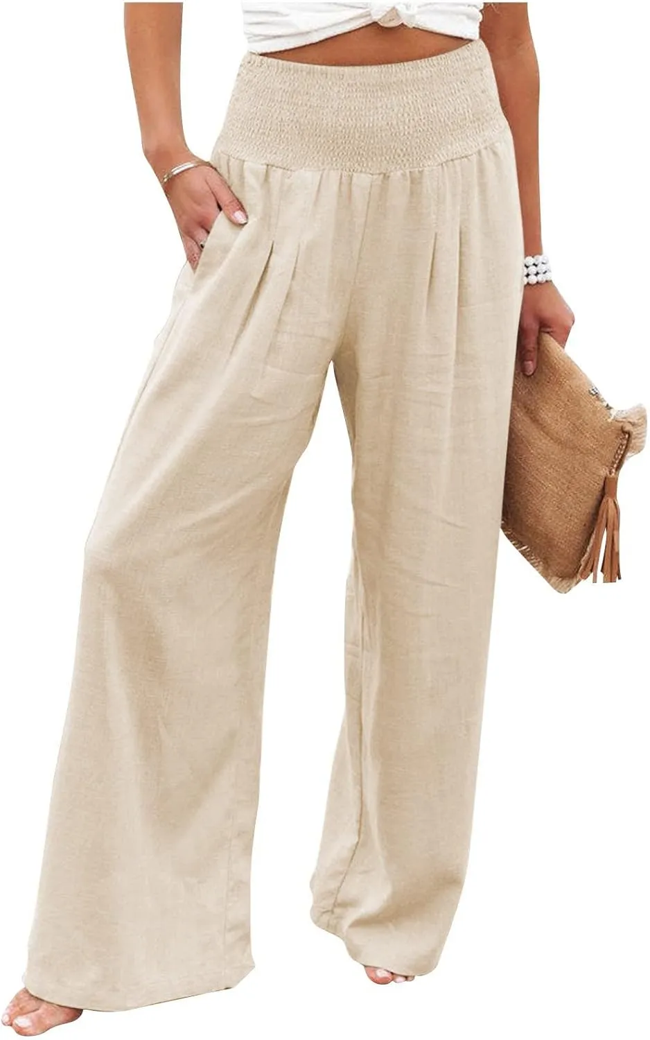 Women's Linen Fall Pants Elastic High Waist Wide Leg Fashion Loose Pleated Casual Long Pants with Pockets