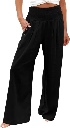 Women's Linen Fall Pants Elastic High Waist Wide Leg Fashion Loose Pleated Casual Long Pants with Pockets