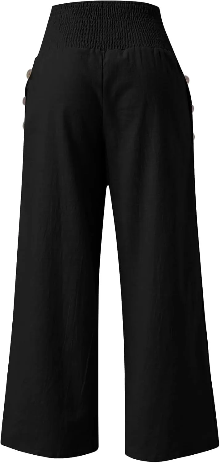 Women's Linen Fall Pants Elastic High Waist Wide Leg Fashion Loose Pleated Casual Long Pants with Pockets