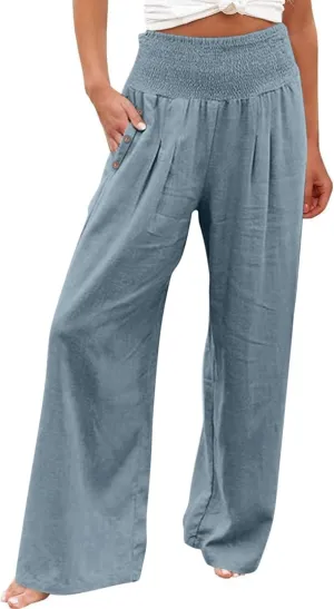 Women's Linen Fall Pants Elastic High Waist Wide Leg Fashion Loose Pleated Casual Long Pants with Pockets
