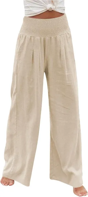 Women's Linen Fall Pants Elastic High Waist Wide Leg Fashion Loose Pleated Casual Long Pants with Pockets