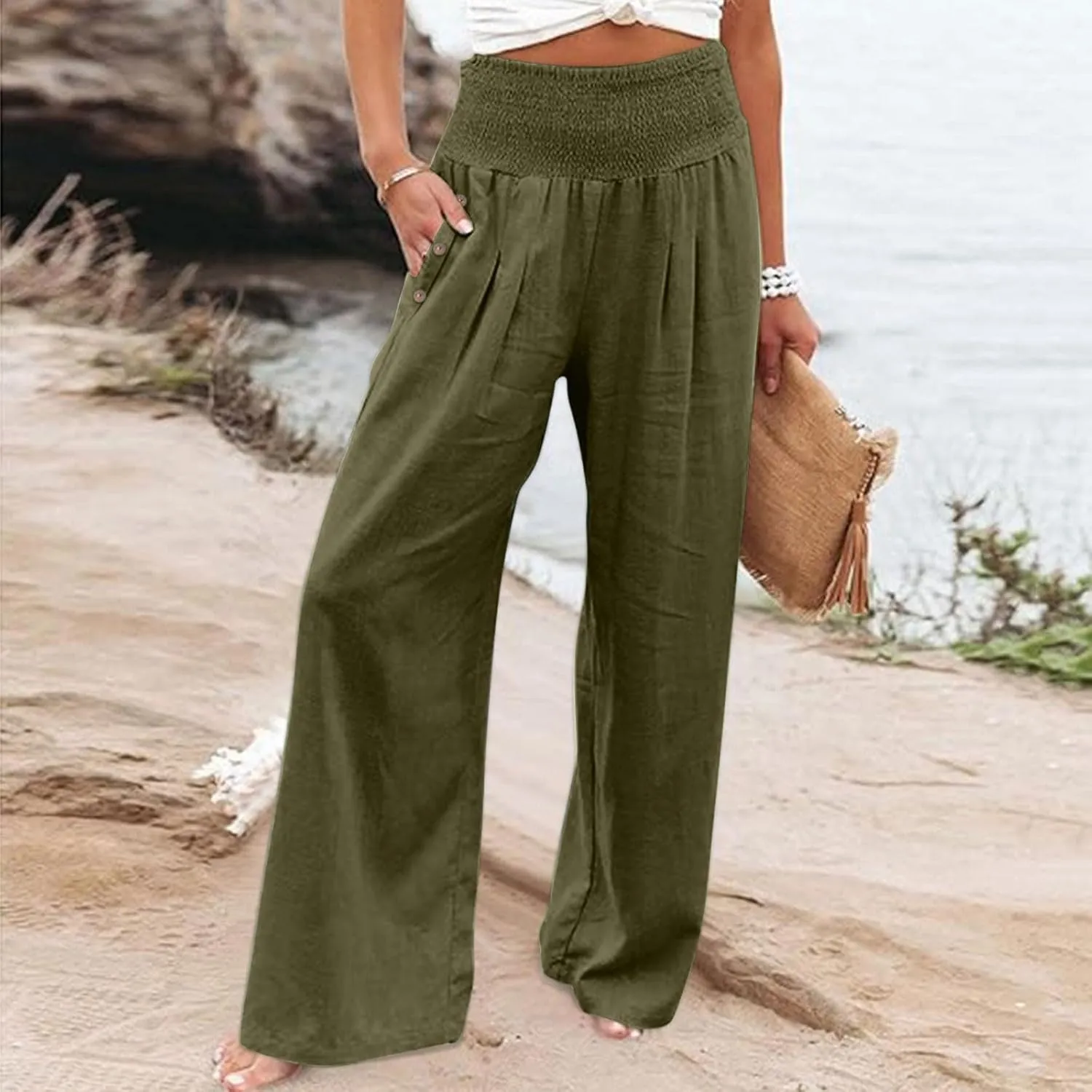 Women's Linen Fall Pants Elastic High Waist Wide Leg Fashion Loose Pleated Casual Long Pants with Pockets