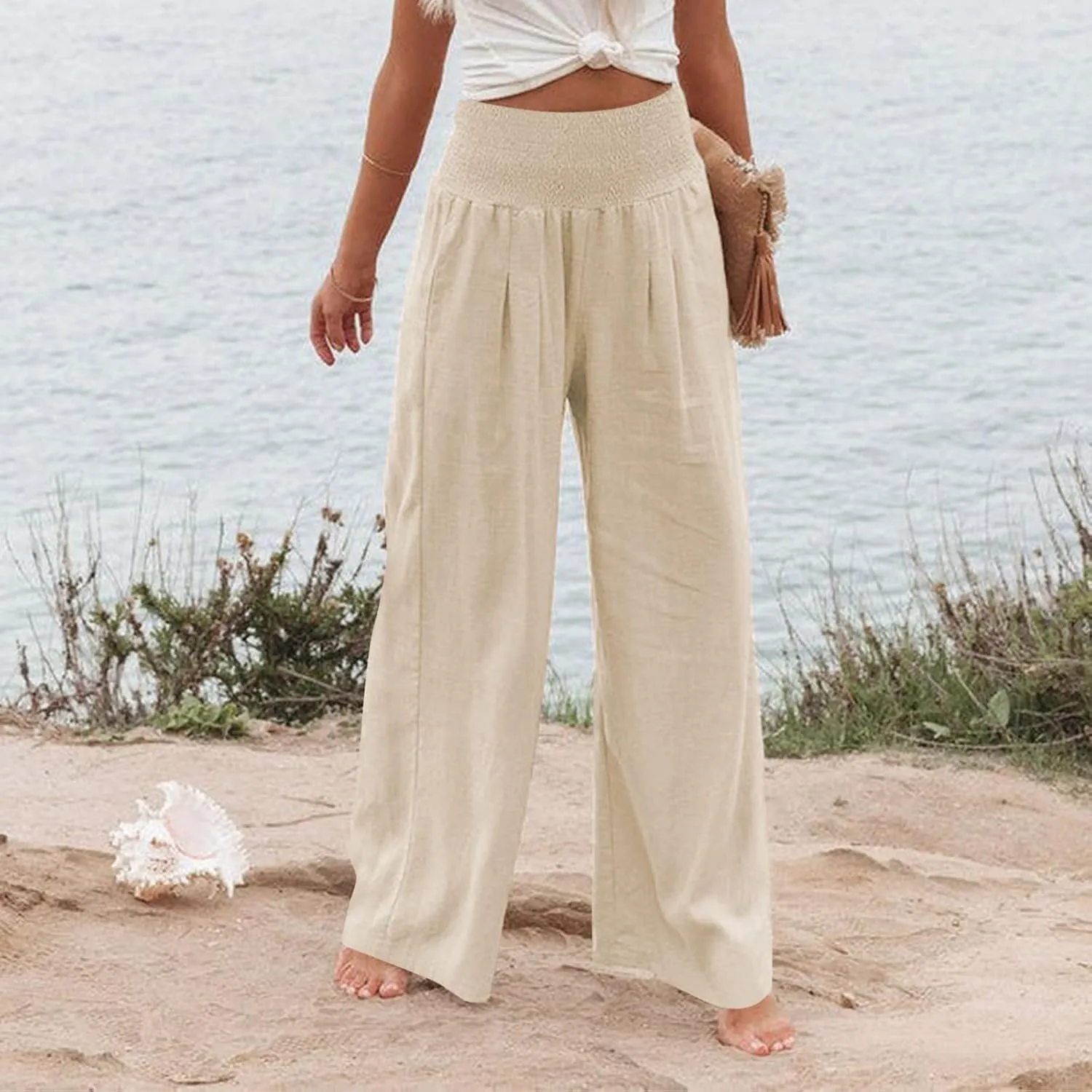 Women's Linen Fall Pants Elastic High Waist Wide Leg Fashion Loose Pleated Casual Long Pants with Pockets