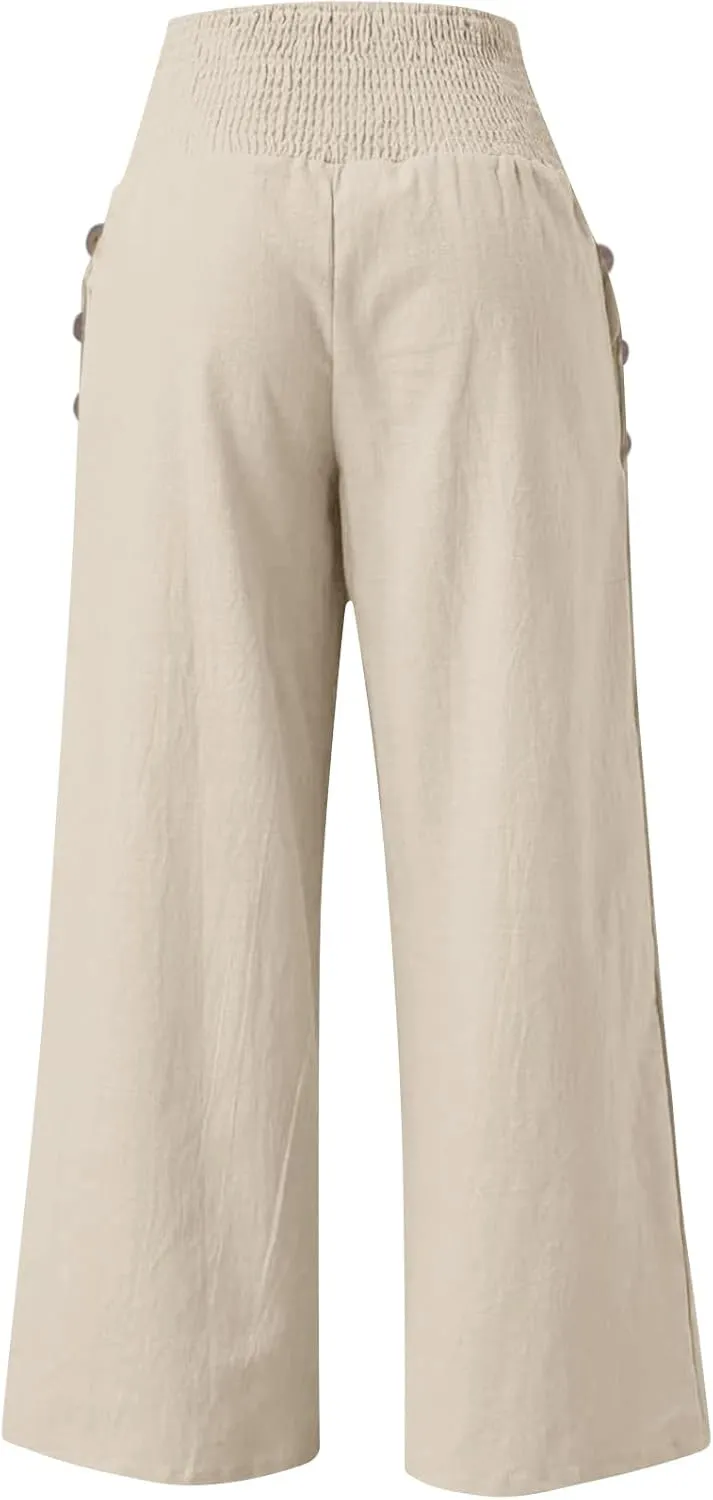 Women's Linen Fall Pants Elastic High Waist Wide Leg Fashion Loose Pleated Casual Long Pants with Pockets