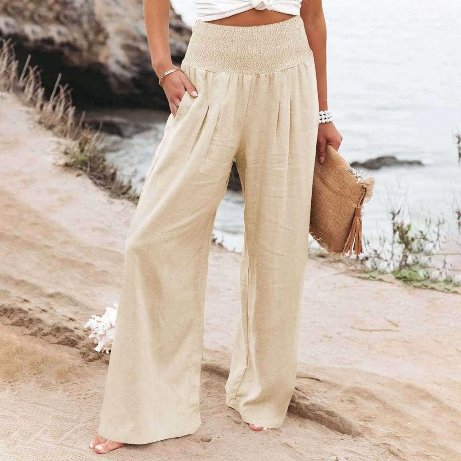 Women's Linen Fall Pants Elastic High Waist Wide Leg Fashion Loose Pleated Casual Long Pants with Pockets