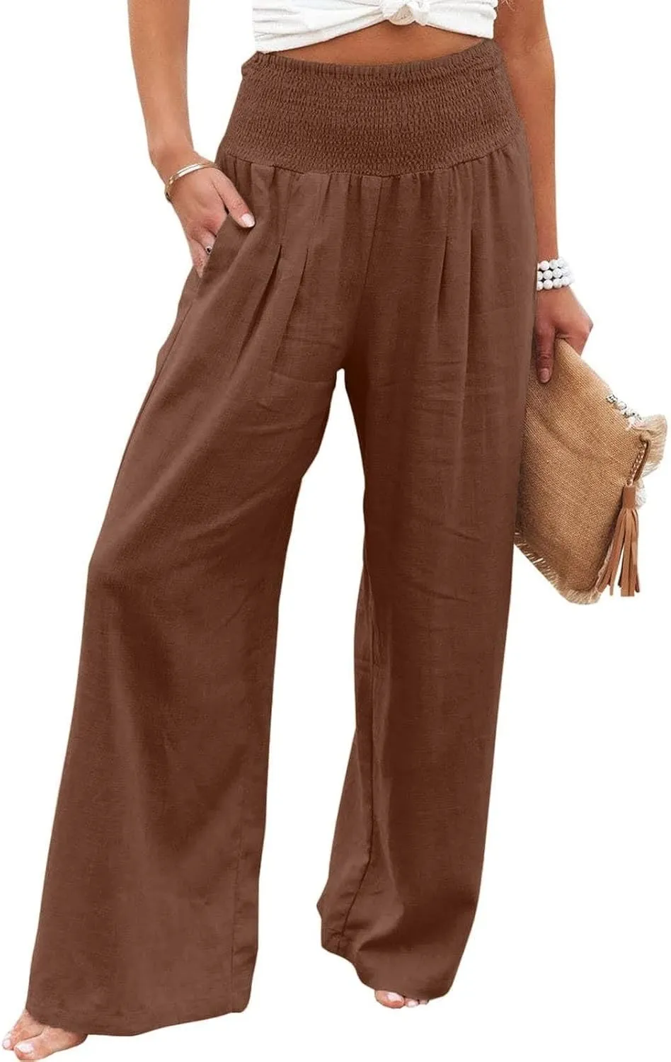 Women's Linen Fall Pants Elastic High Waist Wide Leg Fashion Loose Pleated Casual Long Pants with Pockets
