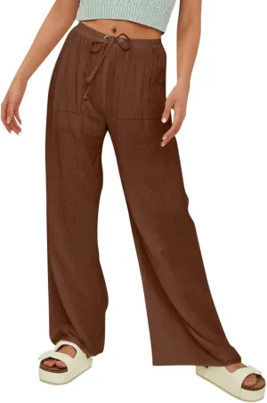 Women's Linen Summer Palazzo Pants Flowy Drawstring Elastic Waist Wide Leg Palazzo Pants Loose Casual Fashion Trouser