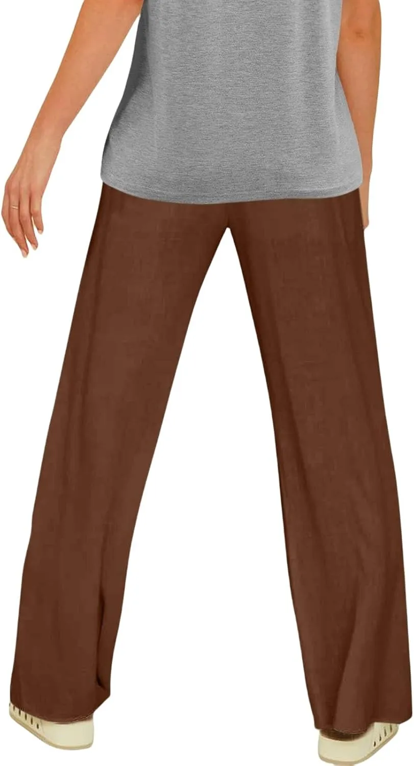 Women's Linen Summer Palazzo Pants Flowy Drawstring Elastic Waist Wide Leg Palazzo Pants Loose Casual Fashion Trouser