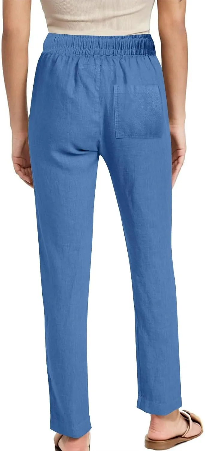 Women's Linen Summer Pants Comfy Travel Pants High Waisted Trendy Work Pants Straight Leg Casual Pants with Pockets