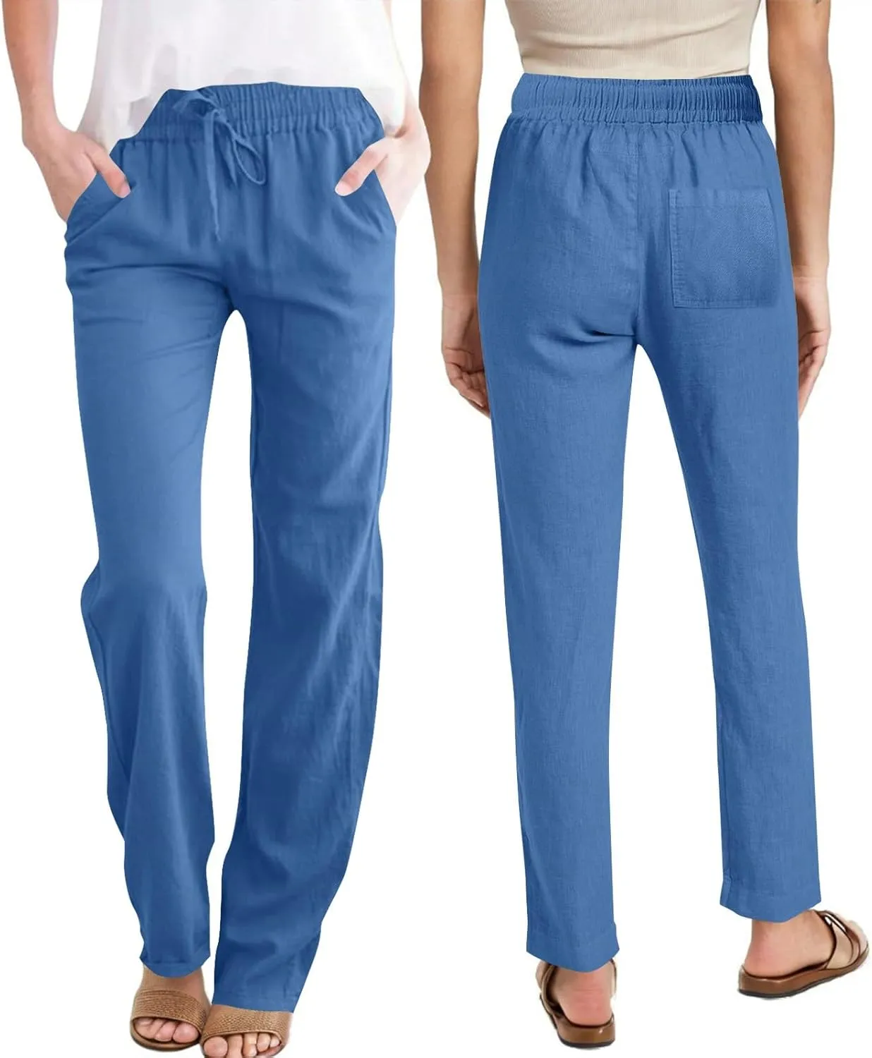 Women's Linen Summer Pants Comfy Travel Pants High Waisted Trendy Work Pants Straight Leg Casual Pants with Pockets