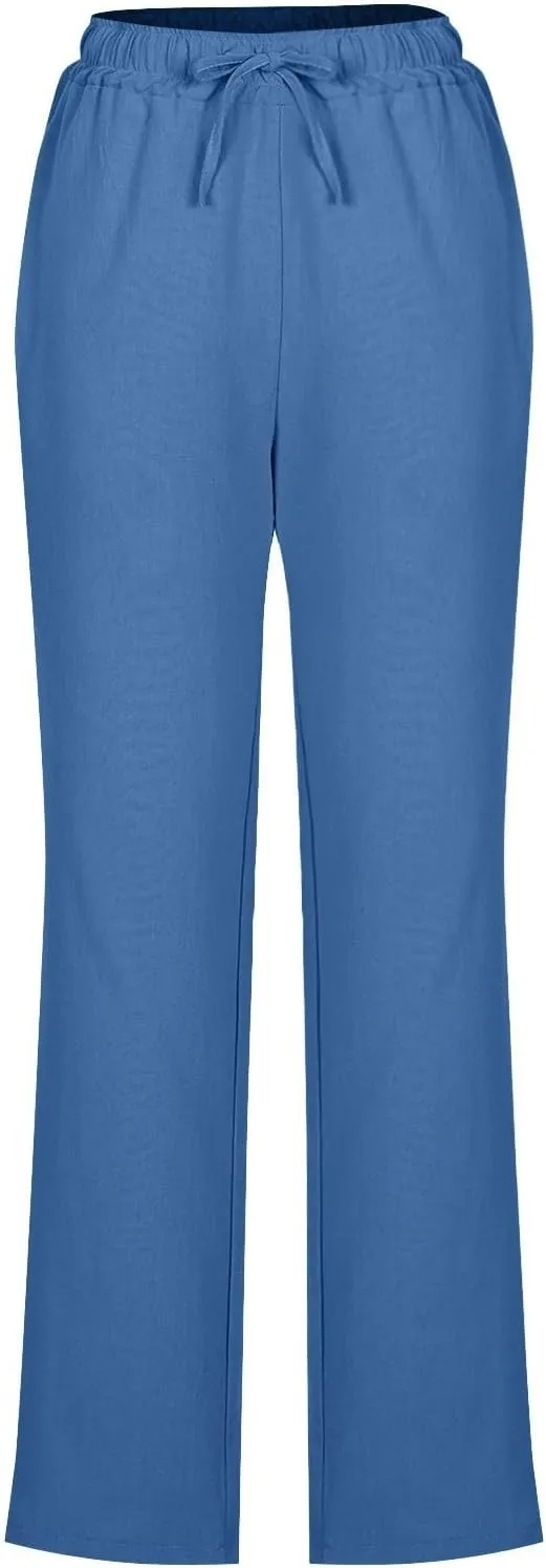 Women's Linen Summer Pants Comfy Travel Pants High Waisted Trendy Work Pants Straight Leg Casual Pants with Pockets