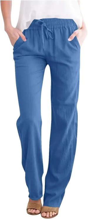 Women's Linen Summer Pants Comfy Travel Pants High Waisted Trendy Work Pants Straight Leg Casual Pants with Pockets