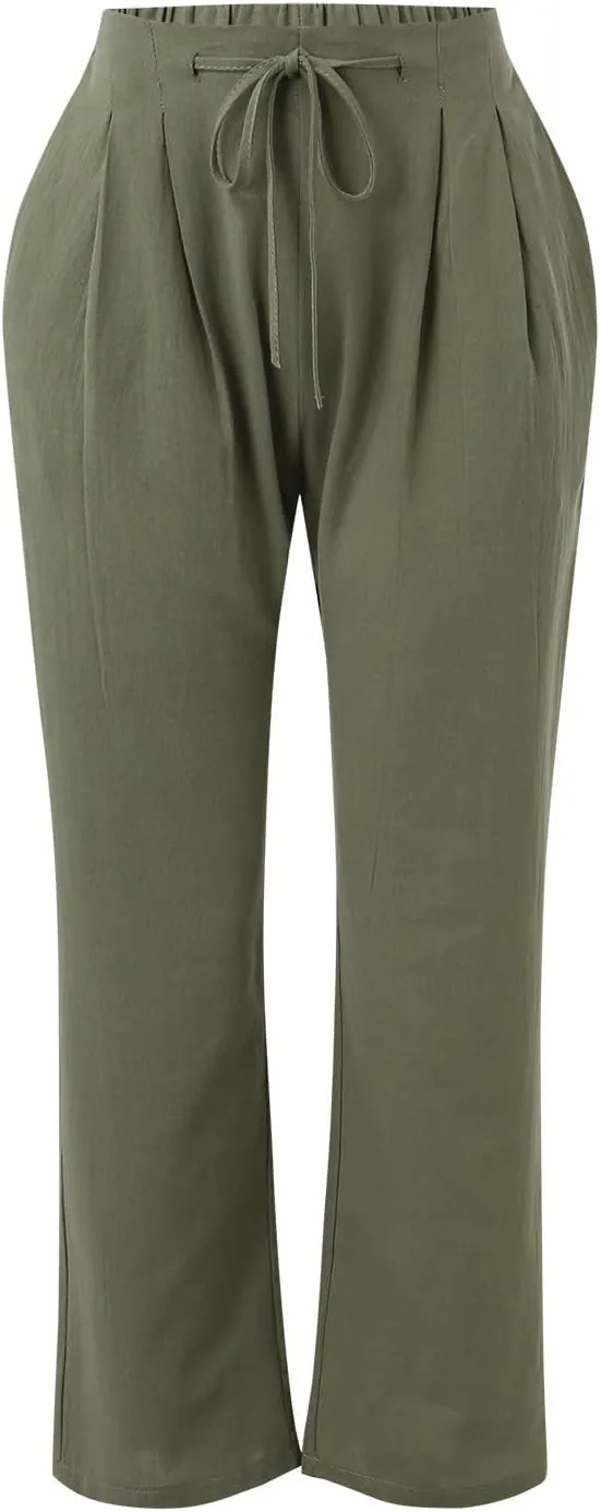 Womens Linen Wide Leg Pants and Straight Solid Elastic Pants Long Drawstring Women Waist Casual Wide Leg Palazzo