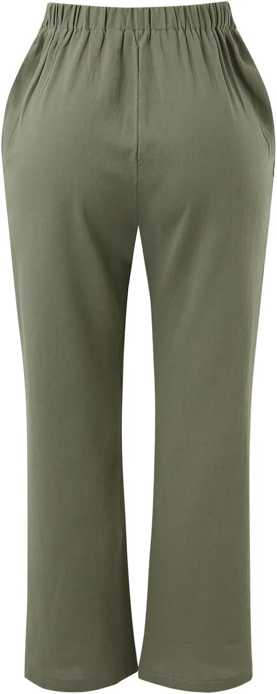 Womens Linen Wide Leg Pants and Straight Solid Elastic Pants Long Drawstring Women Waist Casual Wide Leg Palazzo
