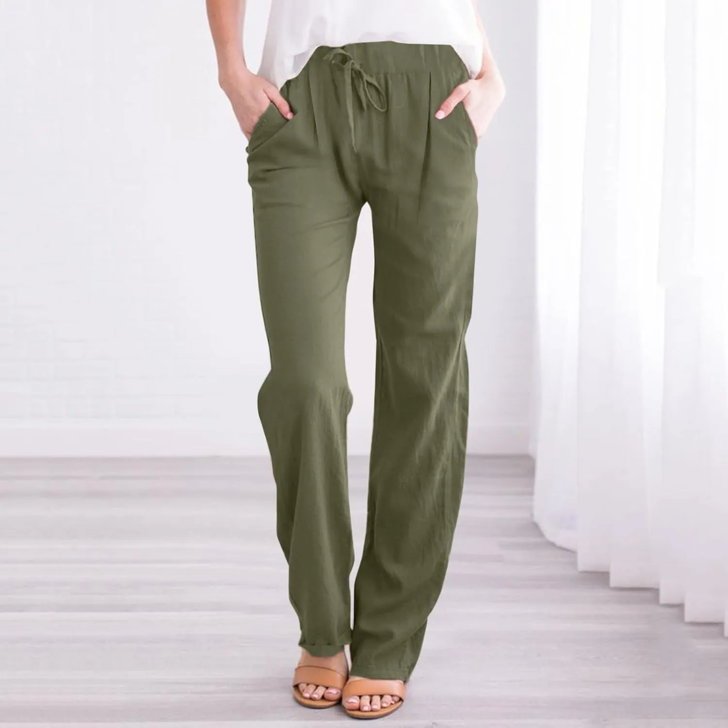 Womens Linen Wide Leg Pants and Straight Solid Elastic Pants Long Drawstring Women Waist Casual Wide Leg Palazzo