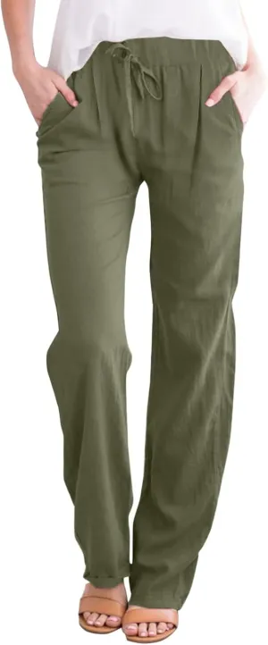 Womens Linen Wide Leg Pants and Straight Solid Elastic Pants Long Drawstring Women Waist Casual Wide Leg Palazzo