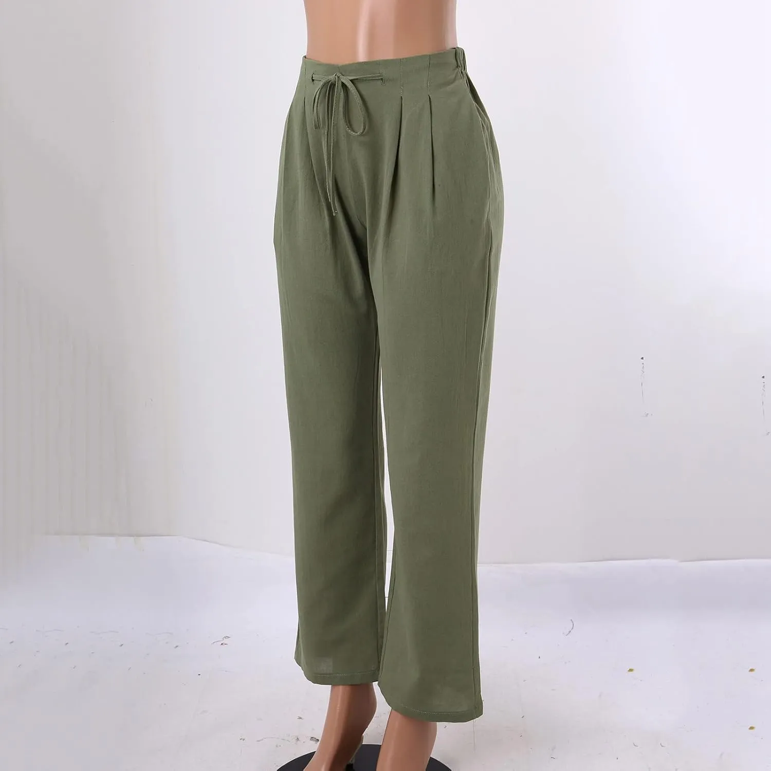 Womens Linen Wide Leg Pants and Straight Solid Elastic Pants Long Drawstring Women Waist Casual Wide Leg Palazzo