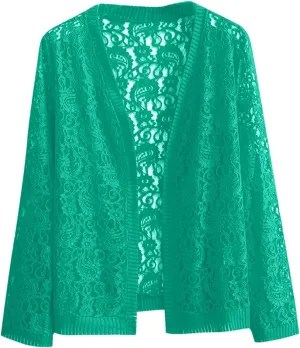Women's Long Sleeve Lace Cardigan Casual Open Front Floral Lace Shrug Lightweight Summer Cover Up for Evening Dresses
