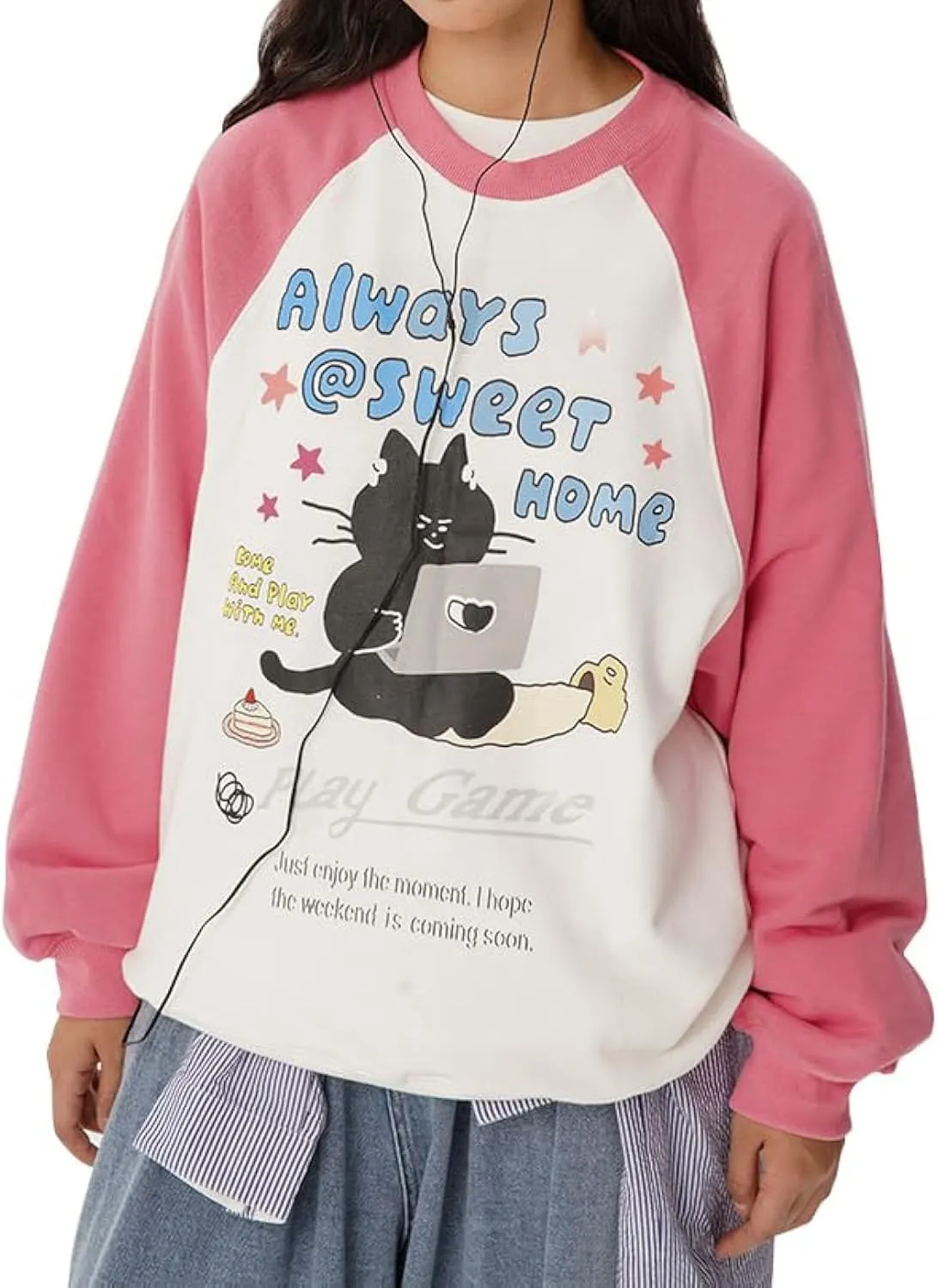 Womens Oversized Graphic Crewneck Sweatshirts y2k Star Print Long Sleeve Cute Sweatshirts for Teen Girls