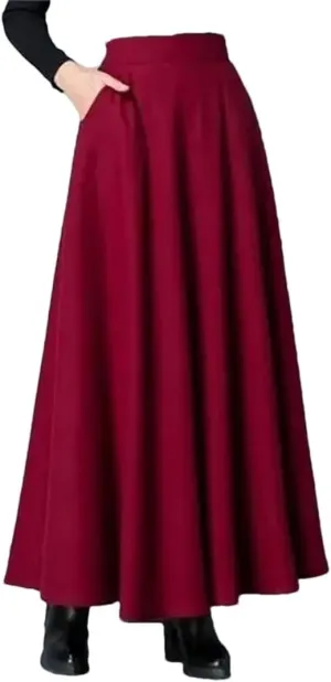 Women's Retro High Waist Pleated Skirt Autumn and Winter Warm A-Line Midi Skirt with Pockets