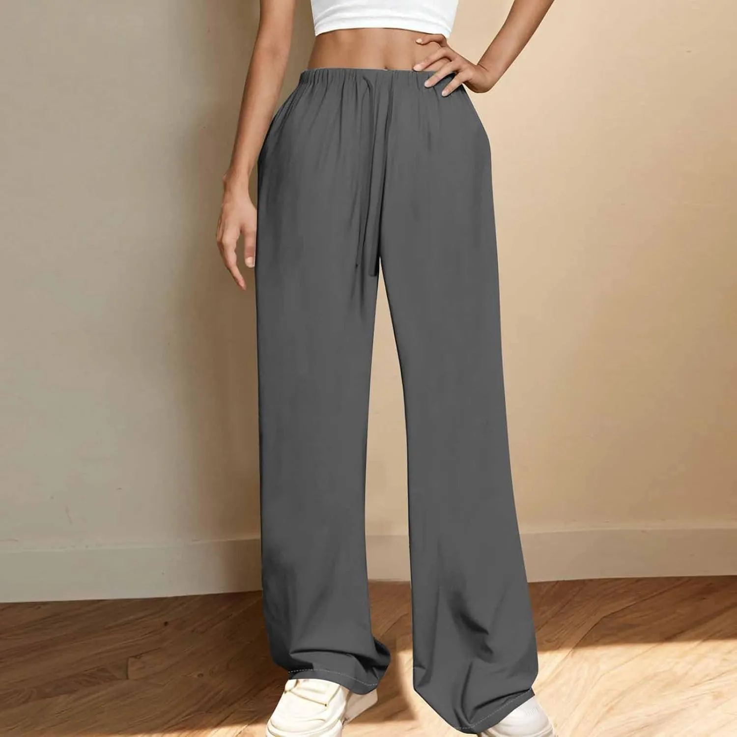 Women's Straight Wide Leg Solid Color Pants High Waist Elastic Summer Trouser with Side Pockets Casual Office Bottom