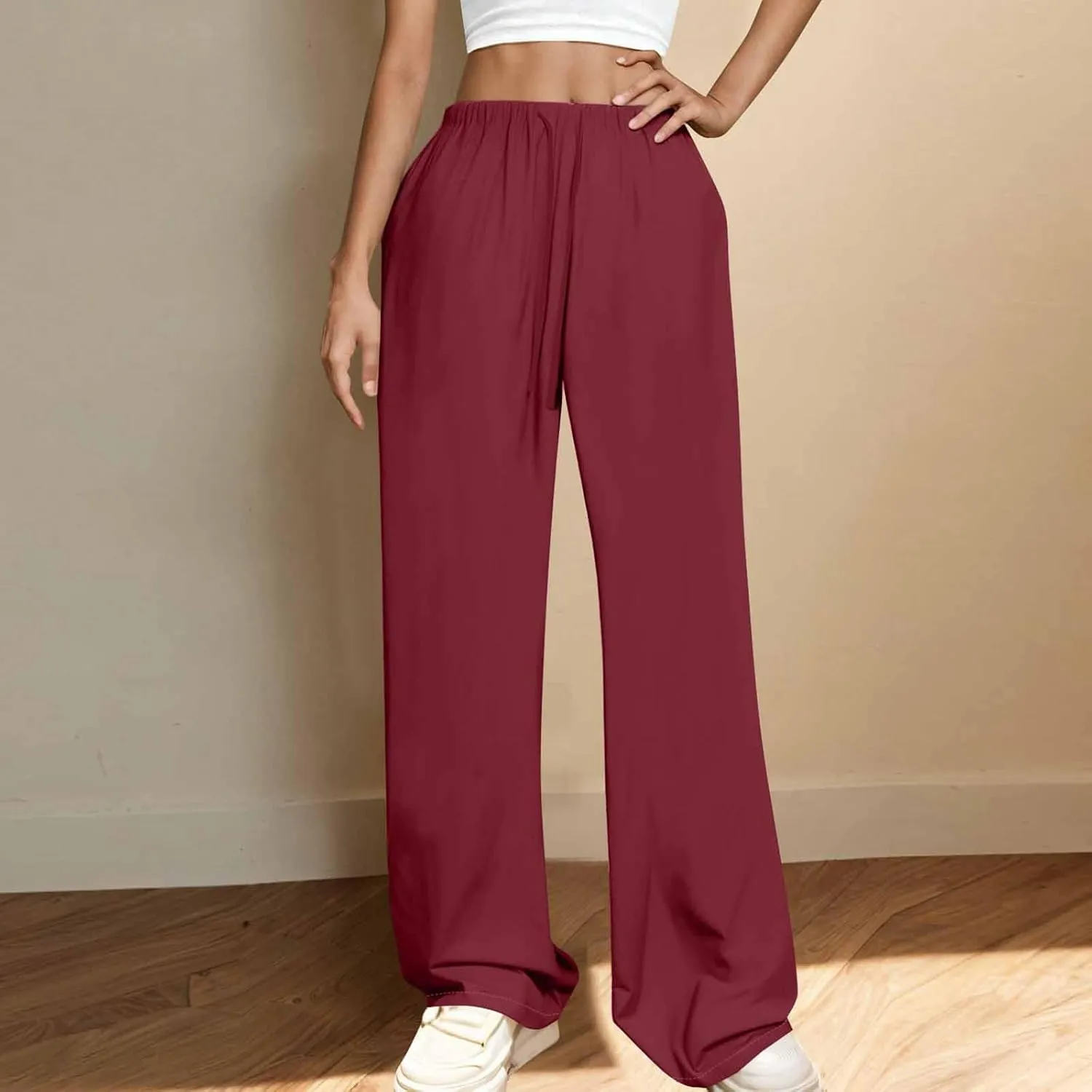 Women's Straight Wide Leg Solid Color Pants High Waist Elastic Summer Trouser with Side Pockets Casual Office Bottom