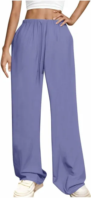 Women's Straight Wide Leg Solid Color Pants High Waist Elastic Summer Trouser with Side Pockets Casual Office Bottom