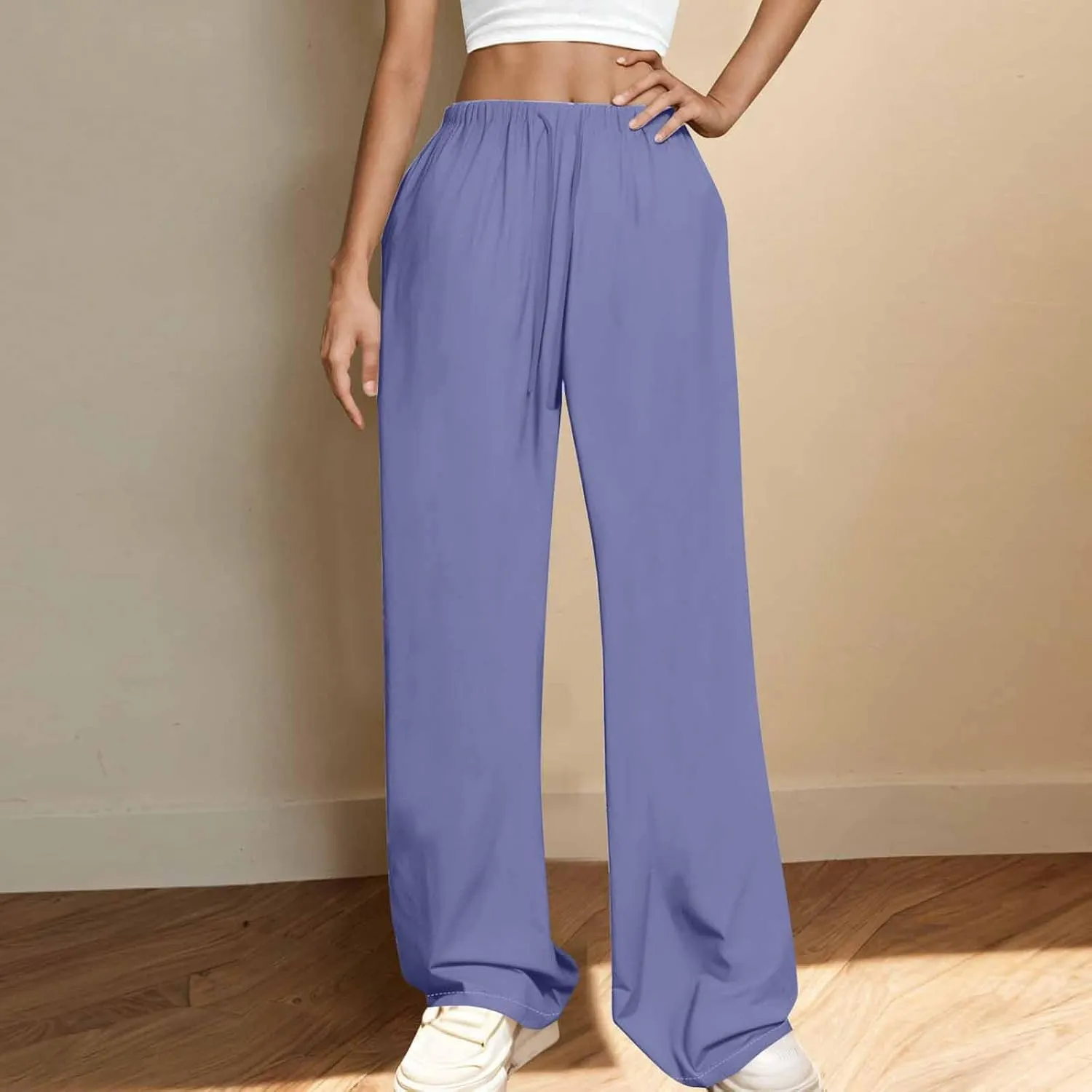 Women's Straight Wide Leg Solid Color Pants High Waist Elastic Summer Trouser with Side Pockets Casual Office Bottom