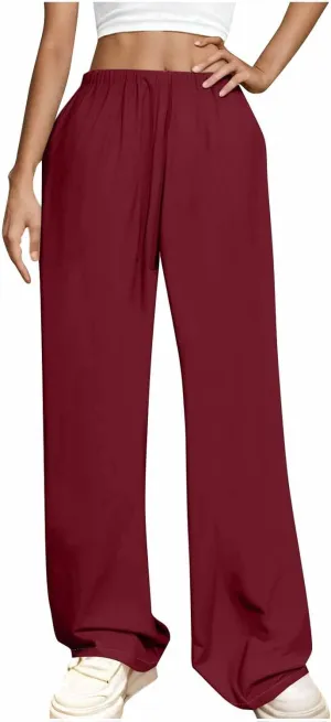 Women's Straight Wide Leg Solid Color Pants High Waist Elastic Summer Trouser with Side Pockets Casual Office Bottom