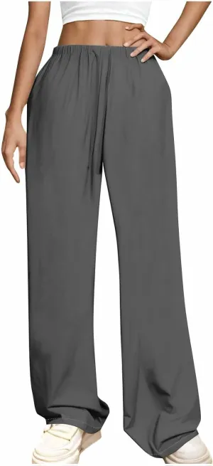 Women's Straight Wide Leg Solid Color Pants High Waist Elastic Summer Trouser with Side Pockets Casual Office Bottom