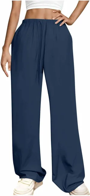 Women's Straight Wide Leg Solid Color Pants High Waist Elastic Summer Trouser with Side Pockets Casual Office Bottom