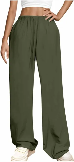 Women's Straight Wide Leg Solid Color Pants High Waist Elastic Summer Trouser with Side Pockets Casual Office Bottom