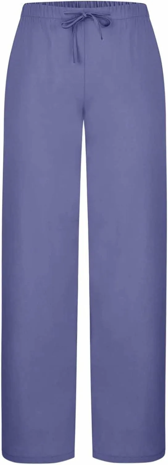 Women's Straight Wide Leg Solid Color Pants High Waist Elastic Summer Trouser with Side Pockets Casual Office Bottom