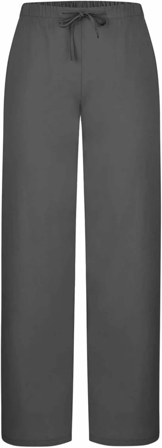 Women's Straight Wide Leg Solid Color Pants High Waist Elastic Summer Trouser with Side Pockets Casual Office Bottom