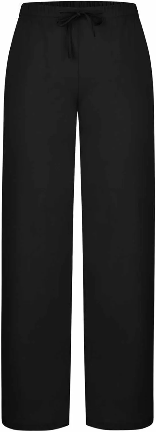 Women's Straight Wide Leg Solid Color Pants High Waist Elastic Summer Trouser with Side Pockets Casual Office Bottom