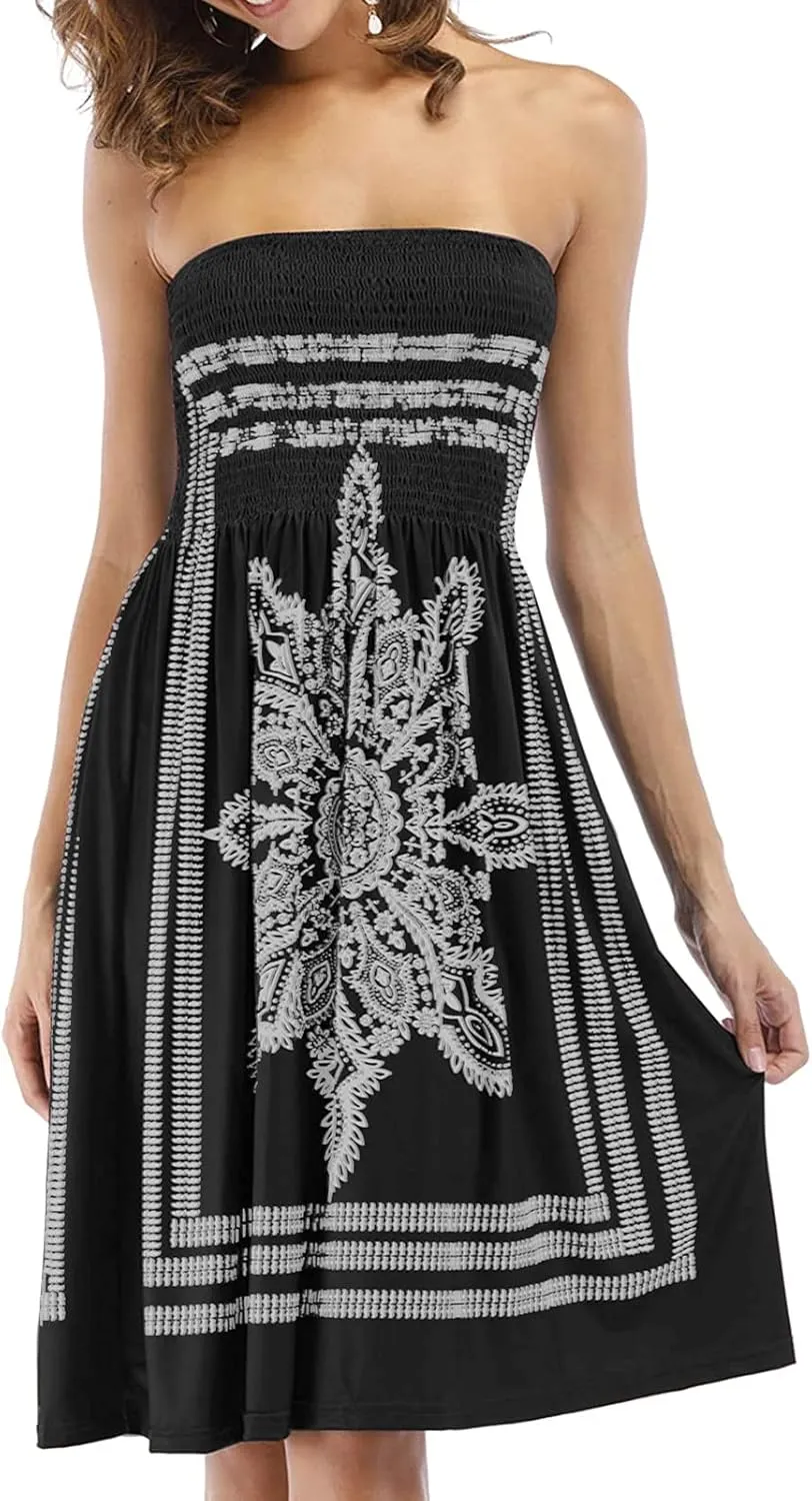 Women's Strapless Floral Bohemian Casual Mini Beach Dress Cover-ups Dress
