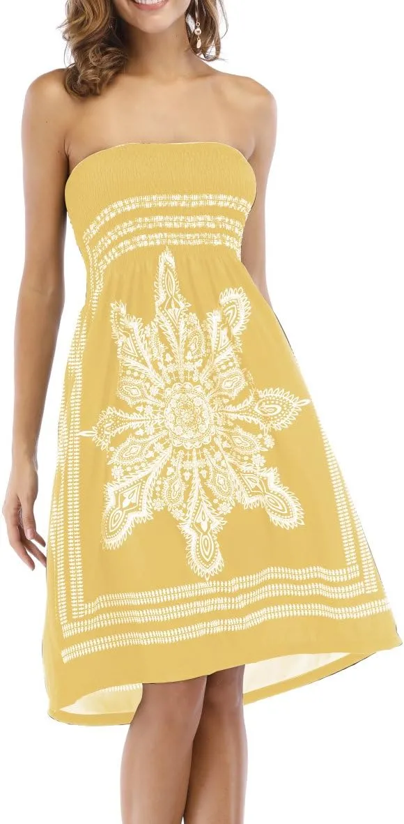 Women's Strapless Floral Bohemian Casual Mini Beach Dress Cover-ups Dress