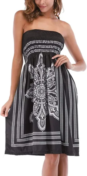 Women's Strapless Floral Bohemian Casual Mini Beach Dress Cover-ups Dress
