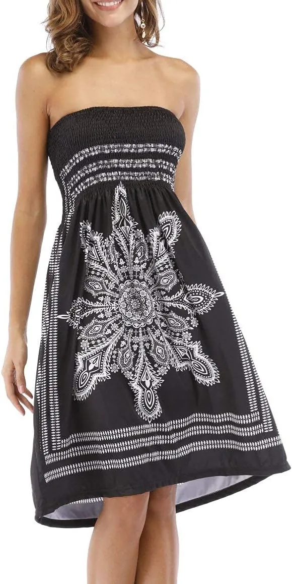 Women's Strapless Floral Bohemian Casual Mini Beach Dress Cover-ups Dress
