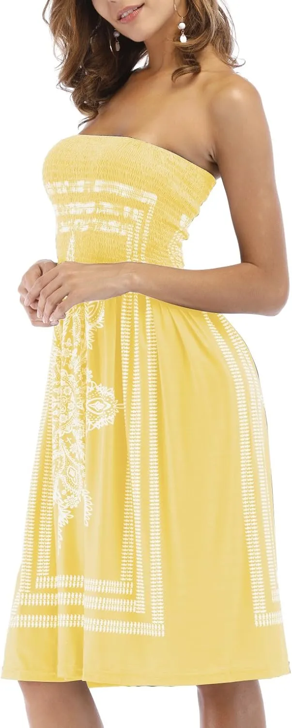 Women's Strapless Floral Bohemian Casual Mini Beach Dress Cover-ups Dress