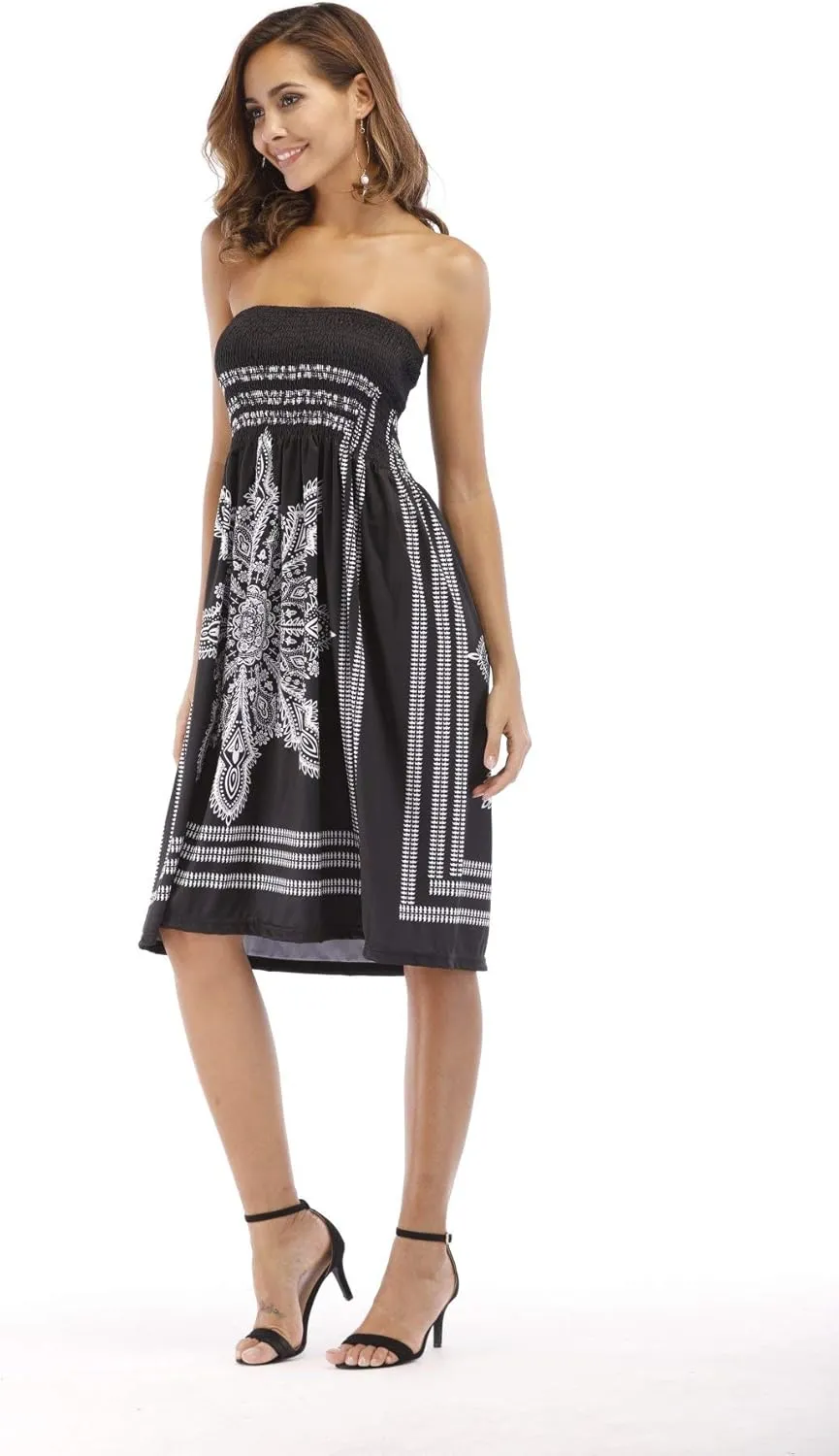Women's Strapless Floral Bohemian Casual Mini Beach Dress Cover-ups Dress
