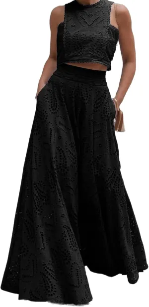 Women's Summer 2 Piece Outfits,Crop Tank Tops Long Skirt,Set Sleeveless Maxi Dress Nightclub Party Dress with Pocket Summer