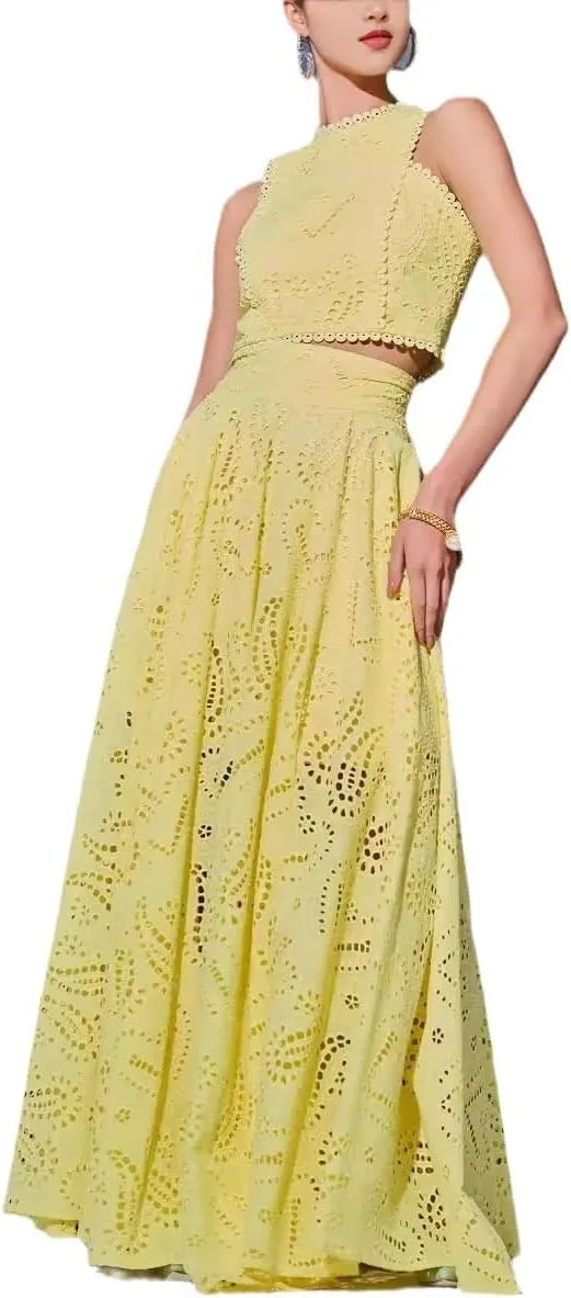 Women's Summer 2 Piece Outfits,Crop Tank Tops Long Skirt,Set Sleeveless Maxi Dress Nightclub Party Dress with Pocket Summer
