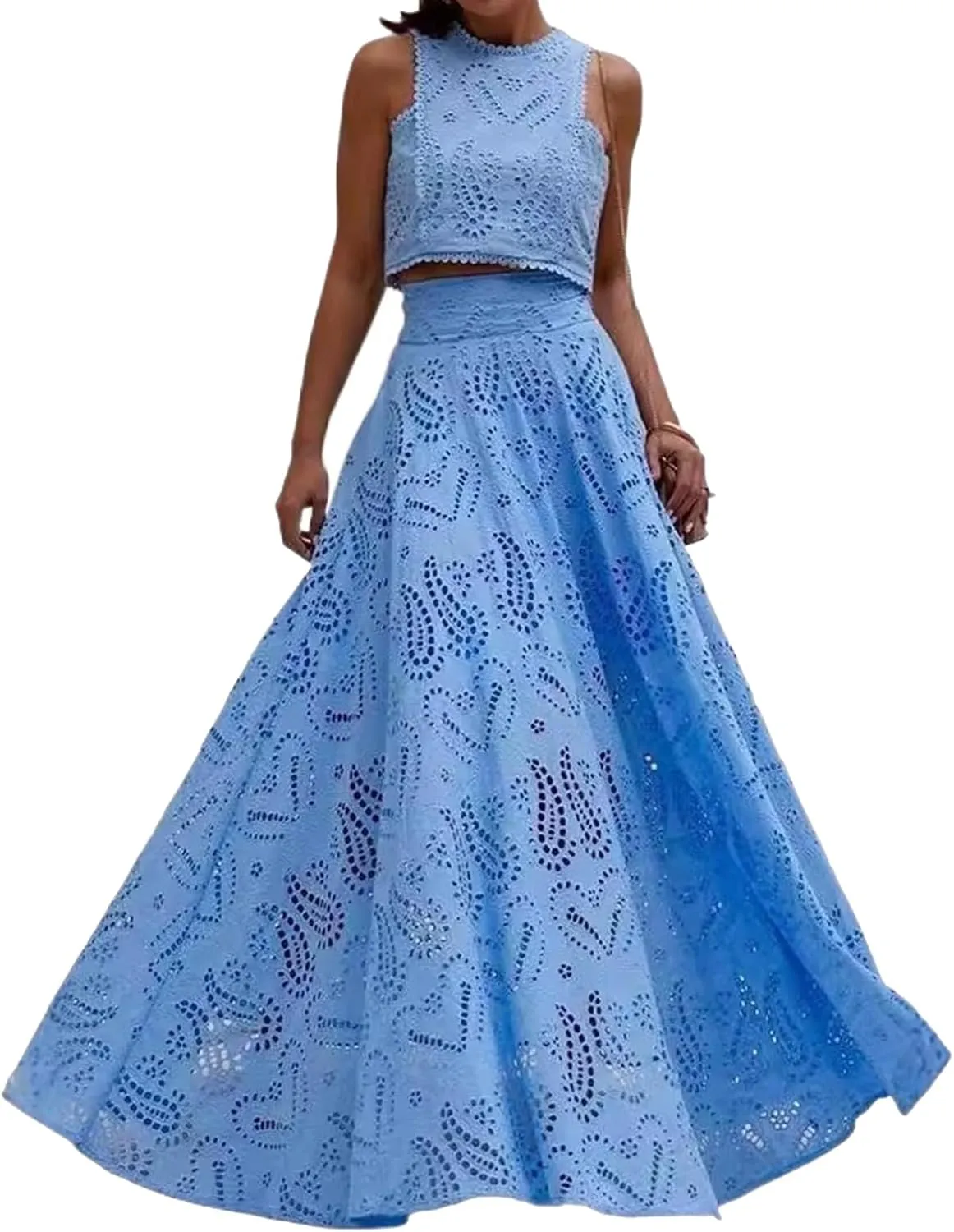 Women's Summer 2 Piece Outfits,Crop Tank Tops Long Skirt,Set Sleeveless Maxi Dress Nightclub Party Dress with Pocket Summer