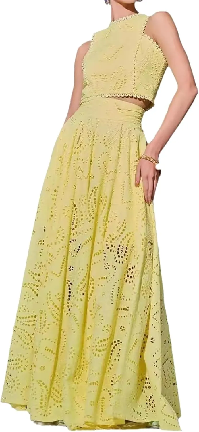Women's Summer 2 Piece Outfits,Crop Tank Tops Long Skirt,Set Sleeveless Maxi Dress Nightclub Party Dress with Pocket Summer