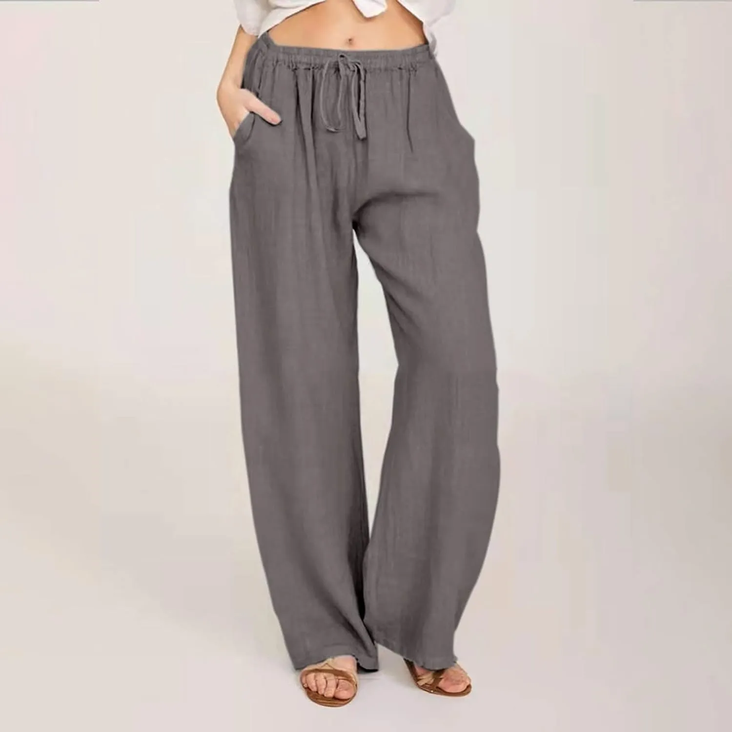 Womens Summer Cotton Linen Pants High Waist Casual Wide Leg Long Palazzo Pants Loose Boho Beach Trousers