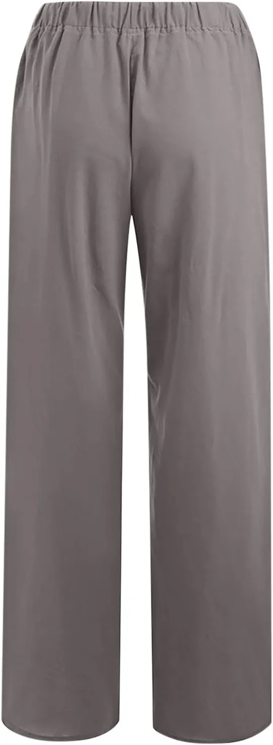 Womens Summer Cotton Linen Pants High Waist Casual Wide Leg Long Palazzo Pants Loose Boho Beach Trousers