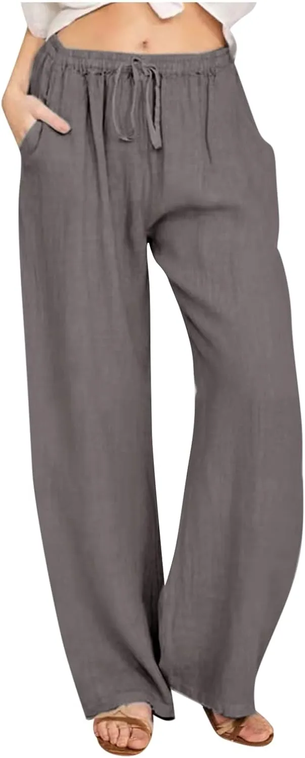 Womens Summer Cotton Linen Pants High Waist Casual Wide Leg Long Palazzo Pants Loose Boho Beach Trousers